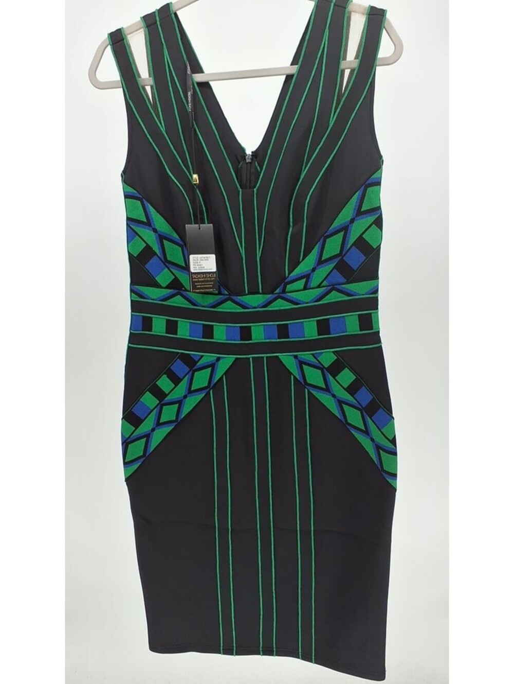 TADASHI SHOJI Geometric Tribal Panels Cocktail Dress – Jungle Green & Black